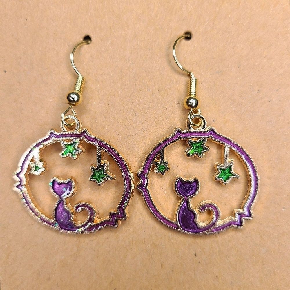 New Hand Crafted Cute Sparkle Purple Cat & Starts Hook Earrings 14K Gold Plated
